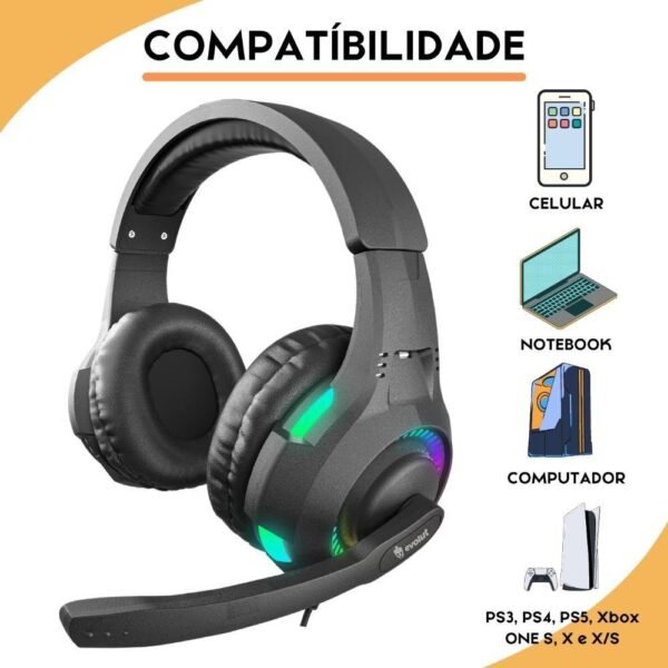 Fone de Ouvido Headset Gamer Evolut Rival, RGB, LED, Para PC, Notebook, Smartphone e Consoles - Image 3